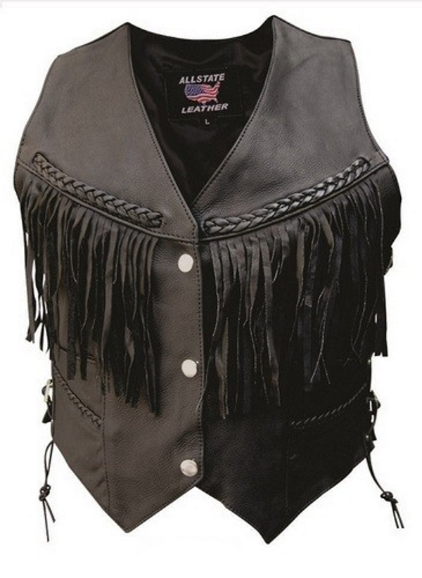 (image for) Ladies naked buffalo leather vest braided with fringe